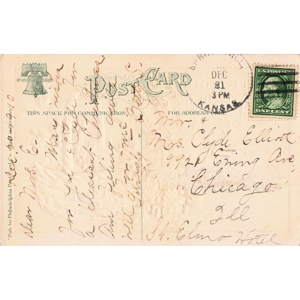 Vintage 1911 Christmas Greetings Postcard Holly Berries Basket Embossed VG - Picture 2 of 2